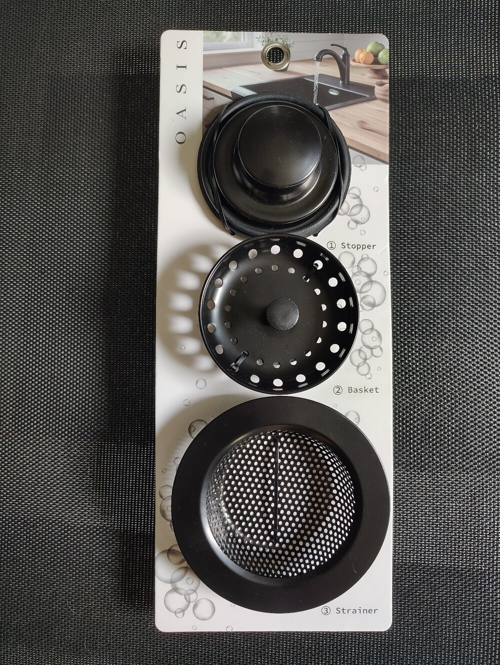 Oasis Black Sink Stopper, Basket & Strainer Set